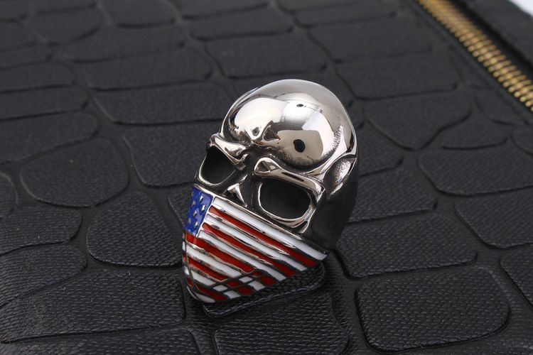 Cast Vintage American Flag Skull Titanium Men's Ring | Wholesale Jewelry Only 4