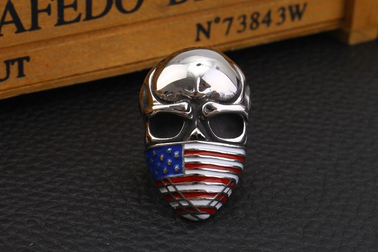 Cast Vintage American Flag Skull Titanium Men's Ring | Wholesale Jewelry Only 5