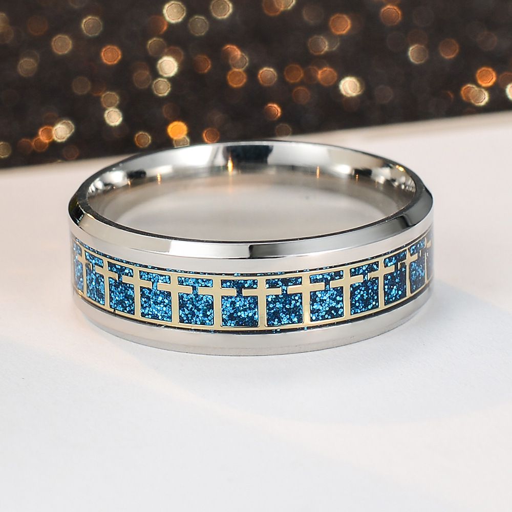 Best Selling Titanium Stylish Stainless Steel Cross Blue Gold Ring | Wholesale Jewelry Only 2