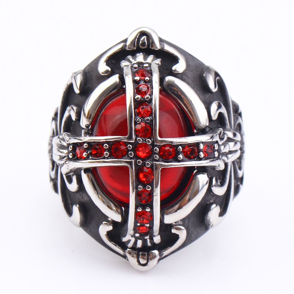 New vintage gothic hipster men's cross ring stainless steel ring red with zirconia | Wholesale Jewelry Only 1