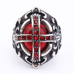 New vintage gothic hipster men's cross ring stainless steel ring red with zirconia | Wholesale Jewelry Only