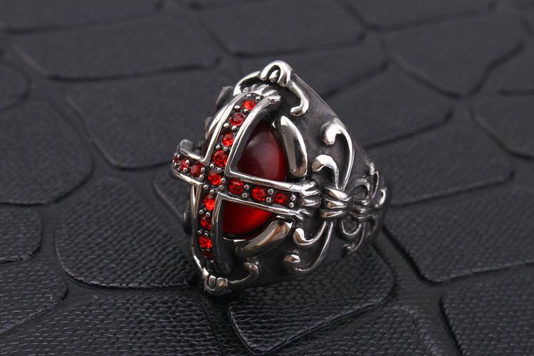 New vintage gothic hipster men's cross ring stainless steel ring red with zirconia | Wholesale Jewelry Only 2
