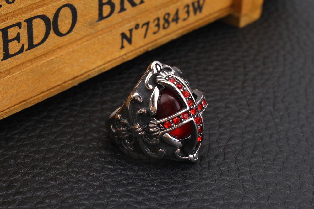 New vintage gothic hipster men's cross ring stainless steel ring red with zirconia | Wholesale Jewelry Only 3