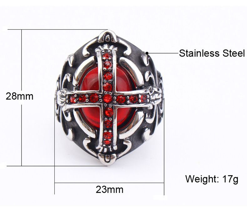 New vintage gothic hipster men's cross ring stainless steel ring red with zirconia | Wholesale Jewelry Only 4