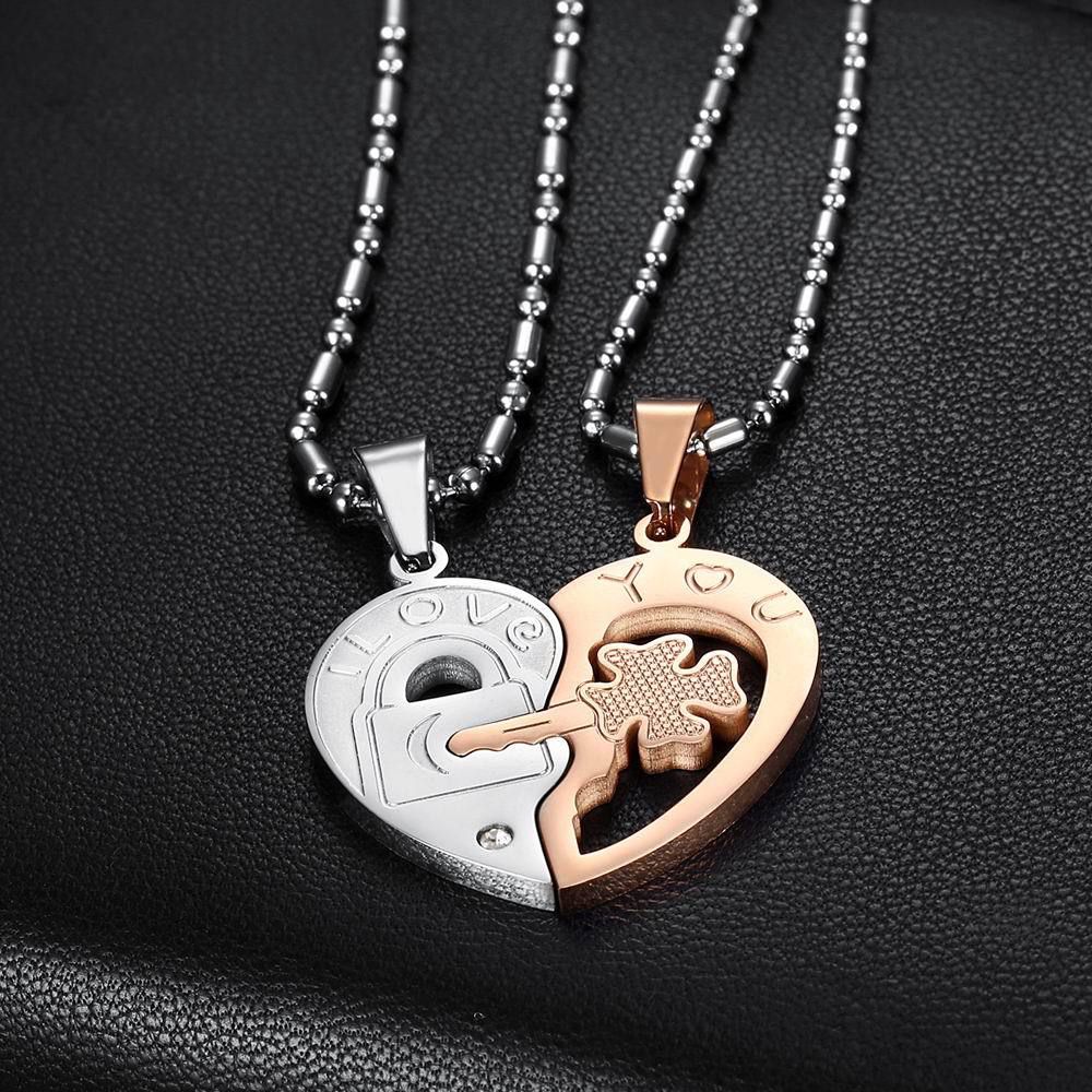 Fashion Heart with Zirconia Key Couple Pendant Titanium Steel Necklace  | Wholesale Jewelry Only 2