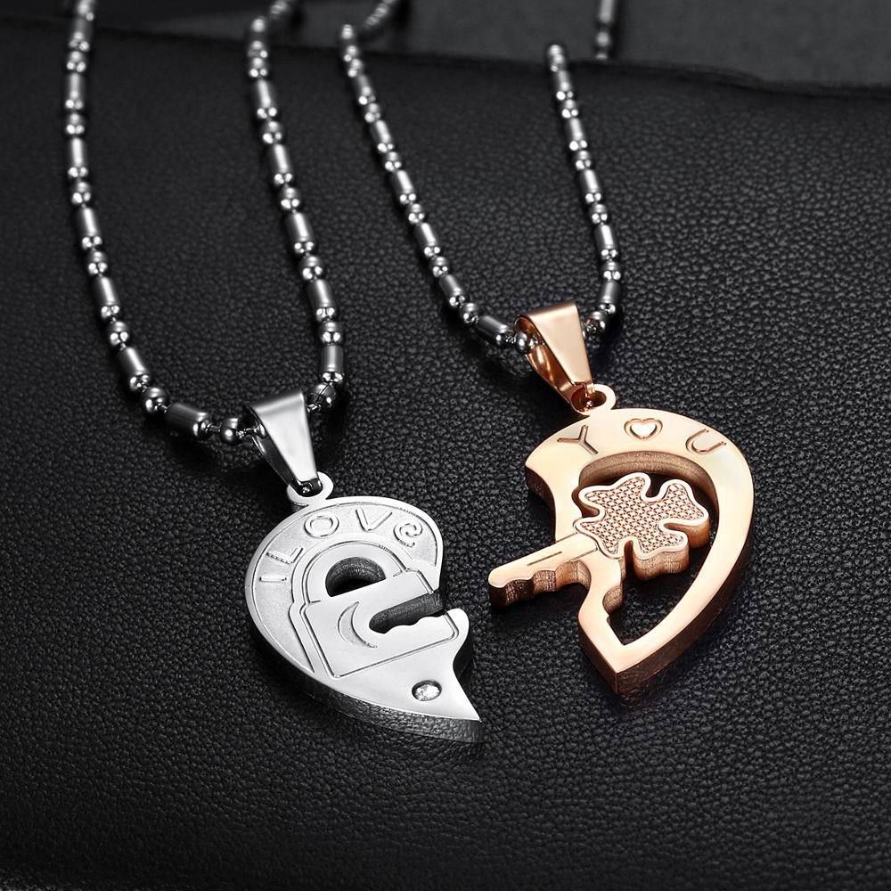 Fashion Heart with Zirconia Key Couple Pendant Titanium Steel Necklace  | Wholesale Jewelry Only 3