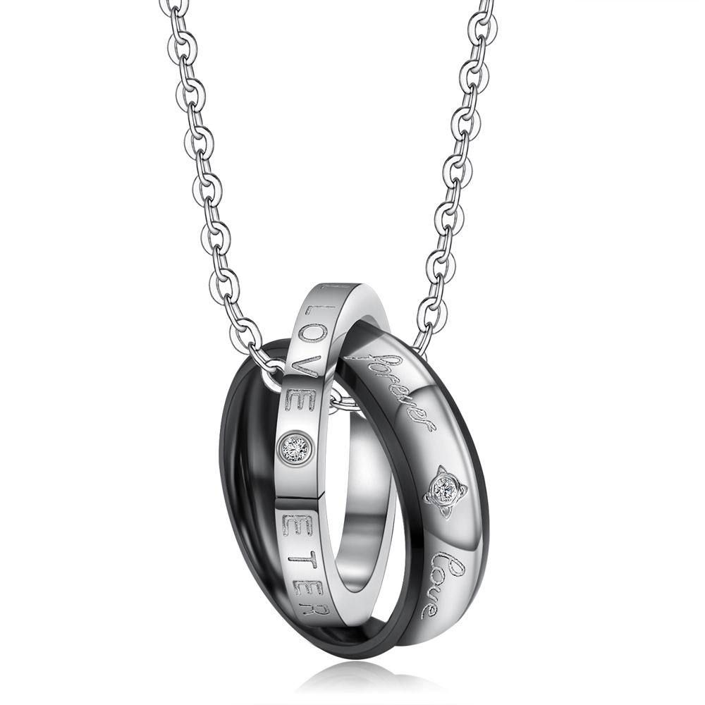 Korean fashion zirconia titanium steel double ring pendant couple necklace  | Wholesale Jewelry Only 2