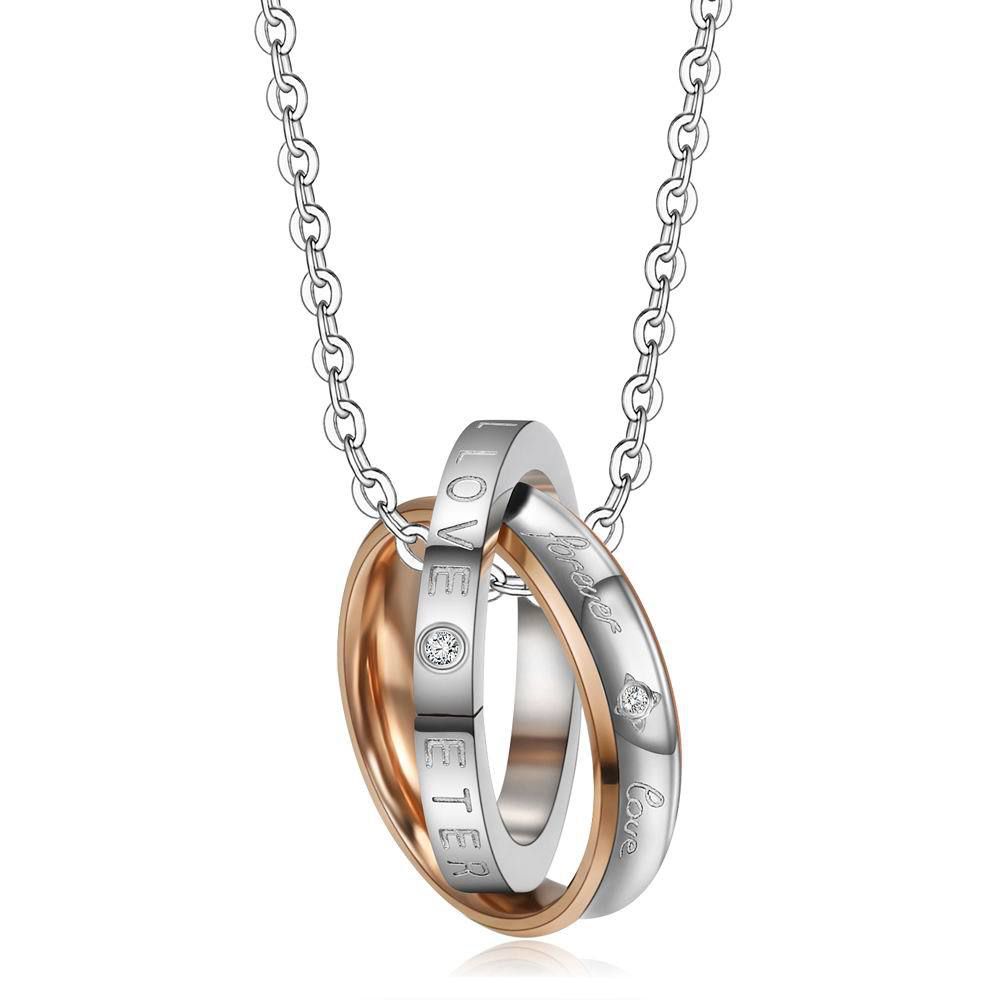 Korean fashion zirconia titanium steel double ring pendant couple necklace  | Wholesale Jewelry Only 3