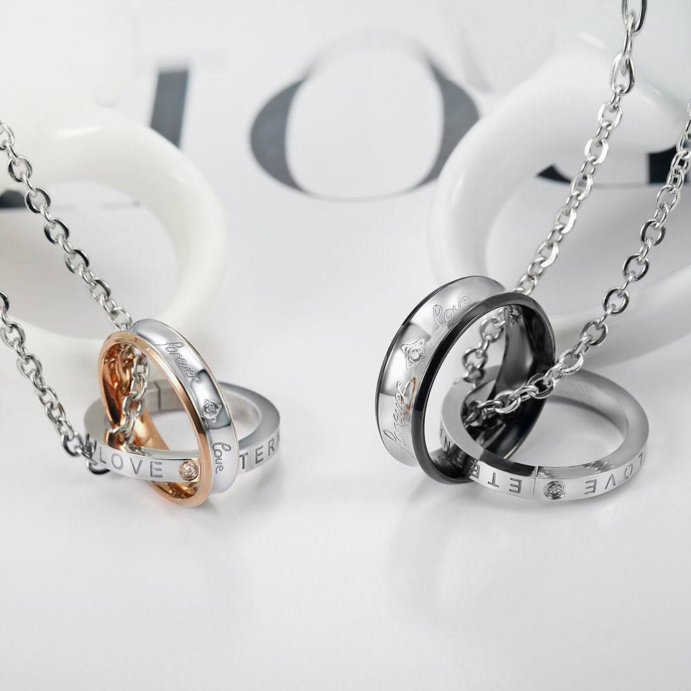 Korean fashion zirconia titanium steel double ring pendant couple necklace  | Wholesale Jewelry Only 5