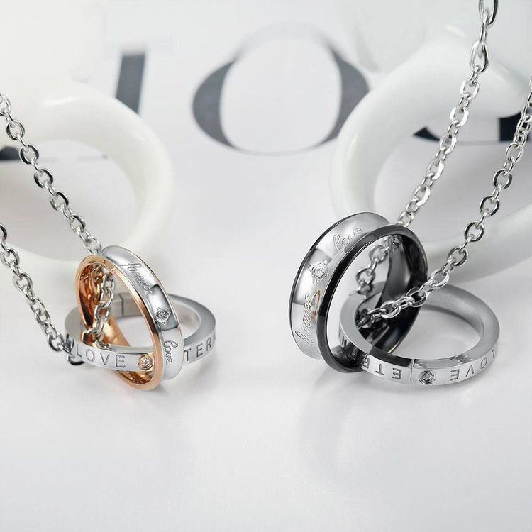 Korean fashion zirconia titanium steel double ring pendant couple necklace  | Wholesale Jewelry Only 5