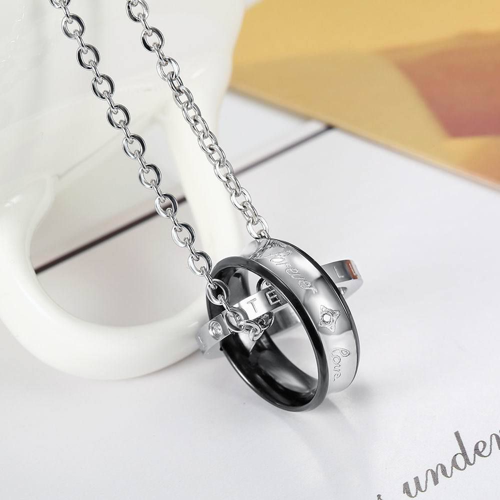Korean fashion zirconia titanium steel double ring pendant couple necklace  | Wholesale Jewelry Only 6