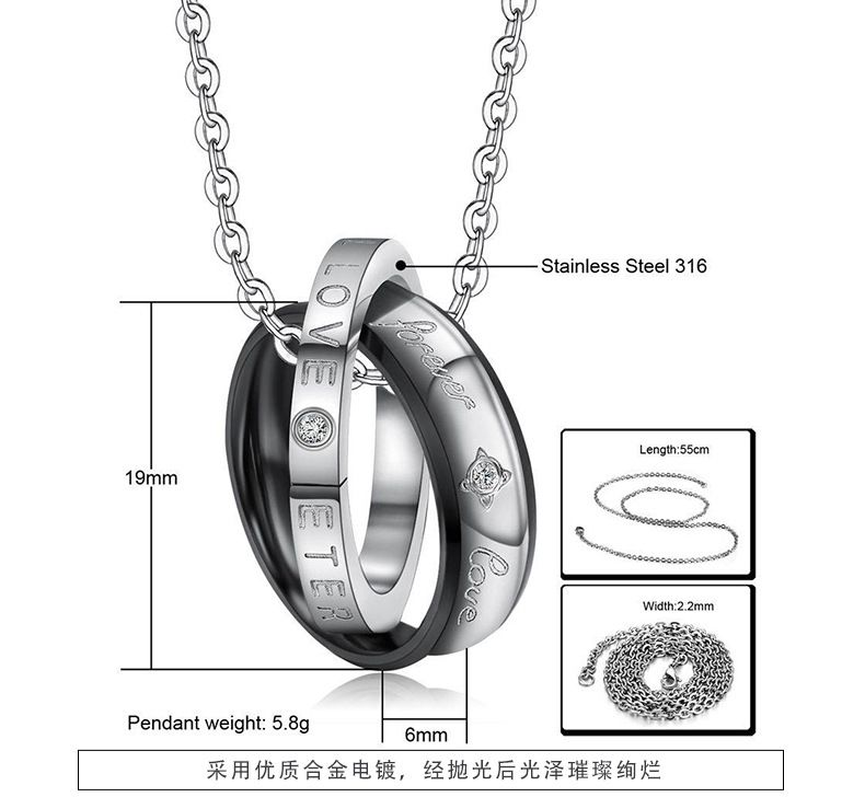 Korean fashion zirconia titanium steel double ring pendant couple necklace  | Wholesale Jewelry Only 7
