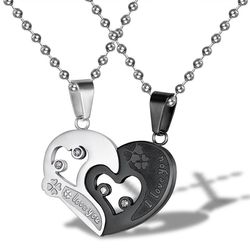 New Trendy love puzzle rhinestone stainless steel couple necklace  | Wholesale Jewelry Only