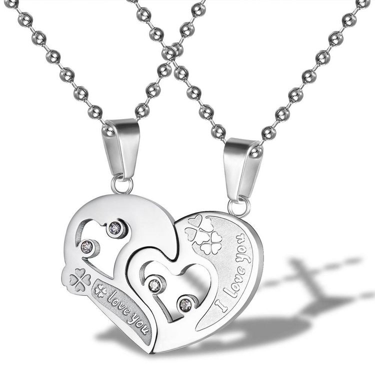 New Trendy love puzzle rhinestone stainless steel couple necklace  | Wholesale Jewelry Only 2