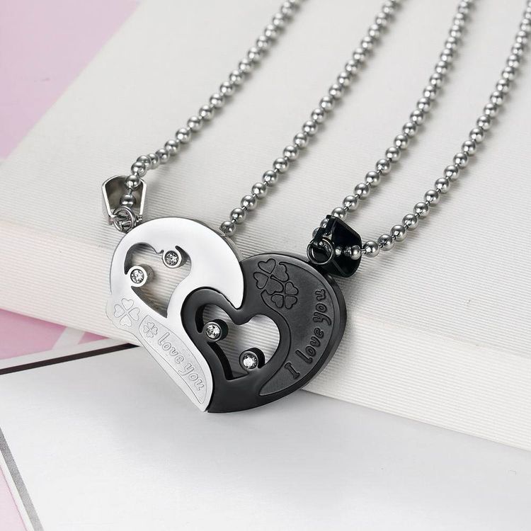 New Trendy love puzzle rhinestone stainless steel couple necklace  | Wholesale Jewelry Only 3