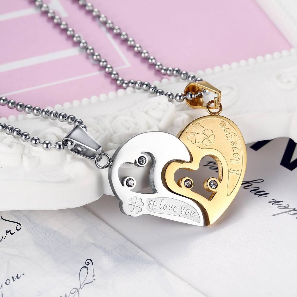 New Trendy love puzzle rhinestone stainless steel couple necklace  | Wholesale Jewelry Only 4