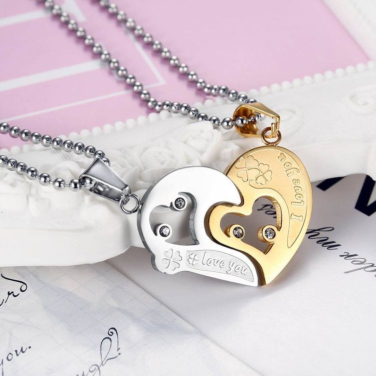 New Trendy love puzzle rhinestone stainless steel couple necklace  | Wholesale Jewelry Only 4