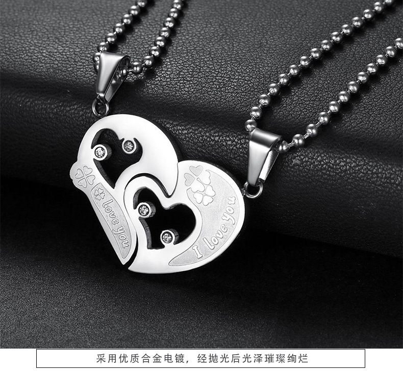 New Trendy love puzzle rhinestone stainless steel couple necklace  | Wholesale Jewelry Only 5