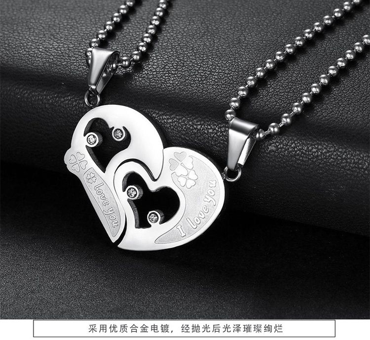 New Trendy love puzzle rhinestone stainless steel couple necklace  | Wholesale Jewelry Only 5