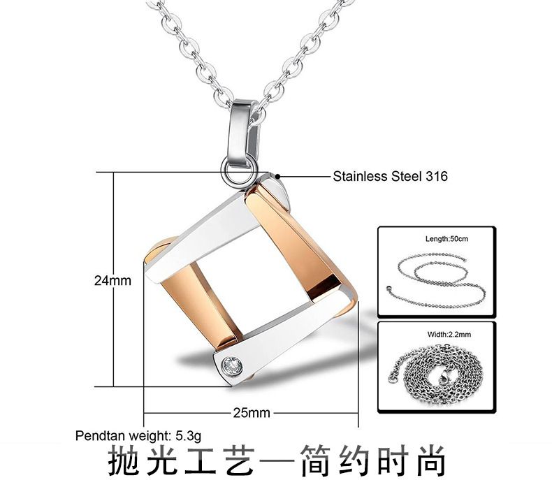 Titanium Couple Necklace Personalized Quadrangle Cubic Zircon Pendant | Wholesale Jewelry Only 6