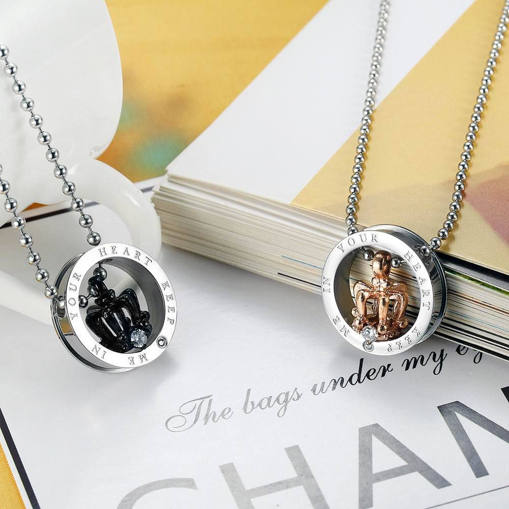 Black Gold Crown Circle Pendant Rhinestone Stainless Steel Couple Necklace | Wholesale Jewelry Only 1