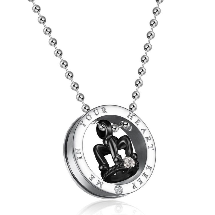 Black Gold Crown Circle Pendant Rhinestone Stainless Steel Couple Necklace | Wholesale Jewelry Only 3