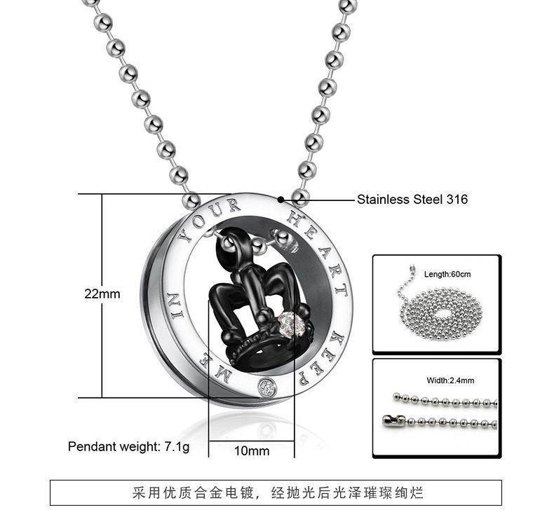 Black Gold Crown Circle Pendant Rhinestone Stainless Steel Couple Necklace | Wholesale Jewelry Only 4