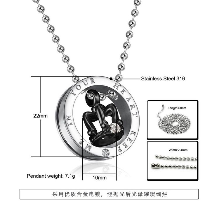 Black Gold Crown Circle Pendant Rhinestone Stainless Steel Couple Necklace | Wholesale Jewelry Only 4