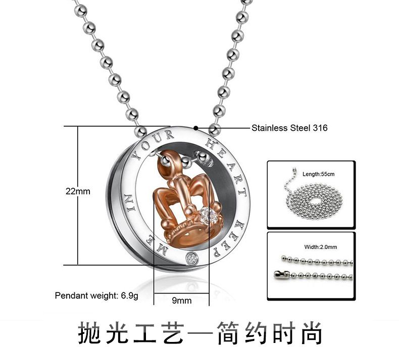 Black Gold Crown Circle Pendant Rhinestone Stainless Steel Couple Necklace | Wholesale Jewelry Only 5