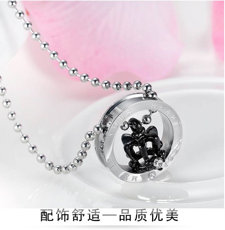 Black Gold Crown Circle Pendant Rhinestone Stainless Steel Couple Necklace | Wholesale Jewelry Only 6