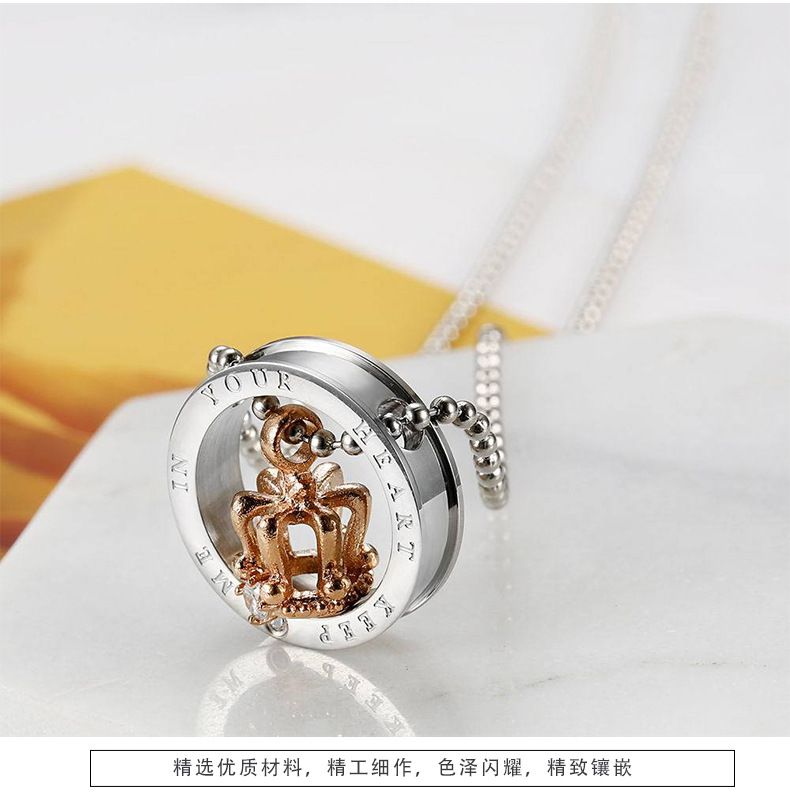 Black Gold Crown Circle Pendant Rhinestone Stainless Steel Couple Necklace | Wholesale Jewelry Only 7