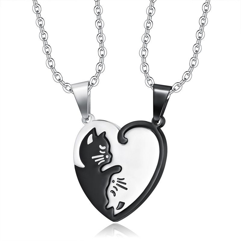 Titanium Steel Creative Black and White Cat Embrace Couple's Necklace | Wholesale Jewelry Only 0