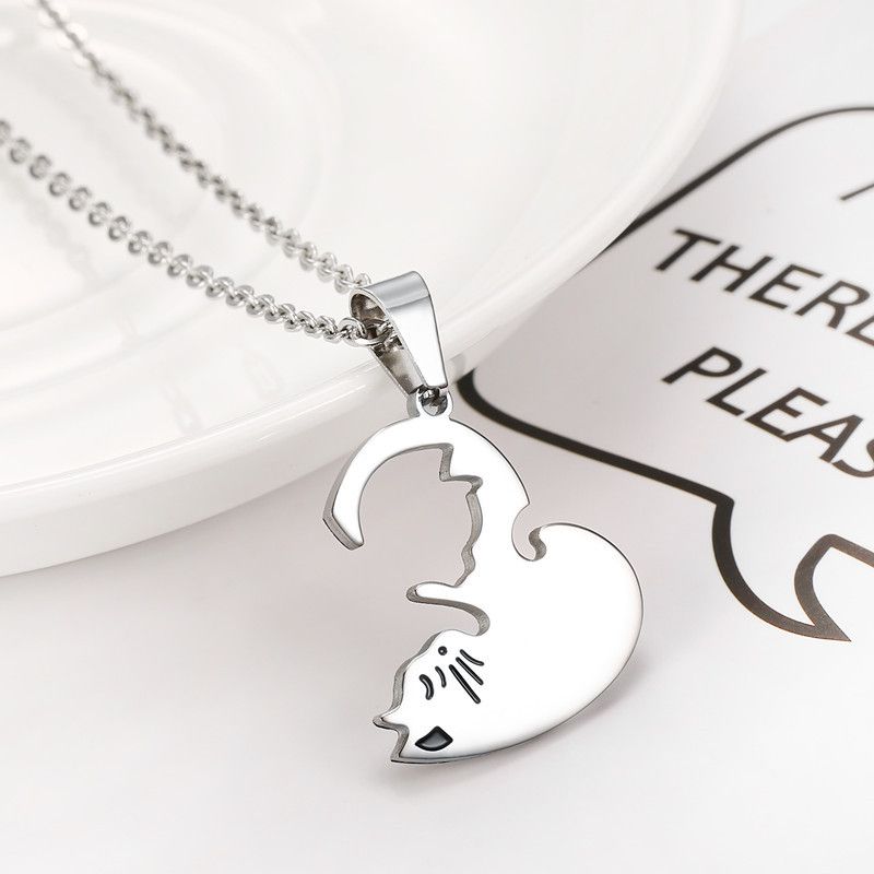 Titanium Steel Creative Black and White Cat Embrace Couple's Necklace | Wholesale Jewelry Only 1