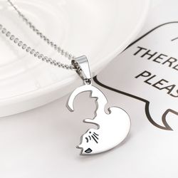 Titanium Steel Creative Black and White Cat Embrace Couple's Necklace | Wholesale Jewelry Only