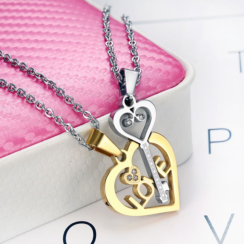 Pendant heart puzzle key couple titanium steel necklace sweater chain wholesale | Wholesale Jewelry Only 4