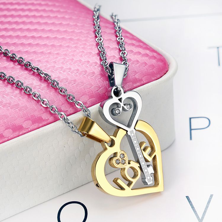 Pendant heart puzzle key couple titanium steel necklace sweater chain wholesale | Wholesale Jewelry Only 4