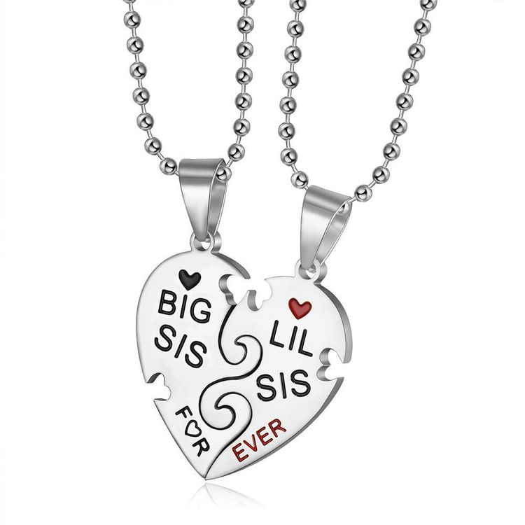 Big Little Sister Family Friendship Peach Heart Puzzle Stainless Steel Necklace | Wholesale Jewelry Only 2