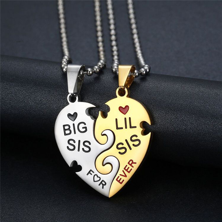 Big Little Sister Family Friendship Peach Heart Puzzle Stainless Steel Necklace | Wholesale Jewelry Only 3