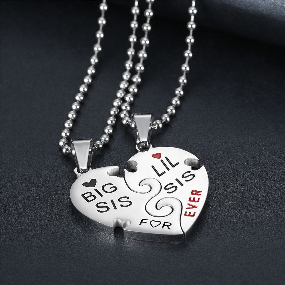 Big Little Sister Family Friendship Peach Heart Puzzle Stainless Steel Necklace | Wholesale Jewelry Only 4