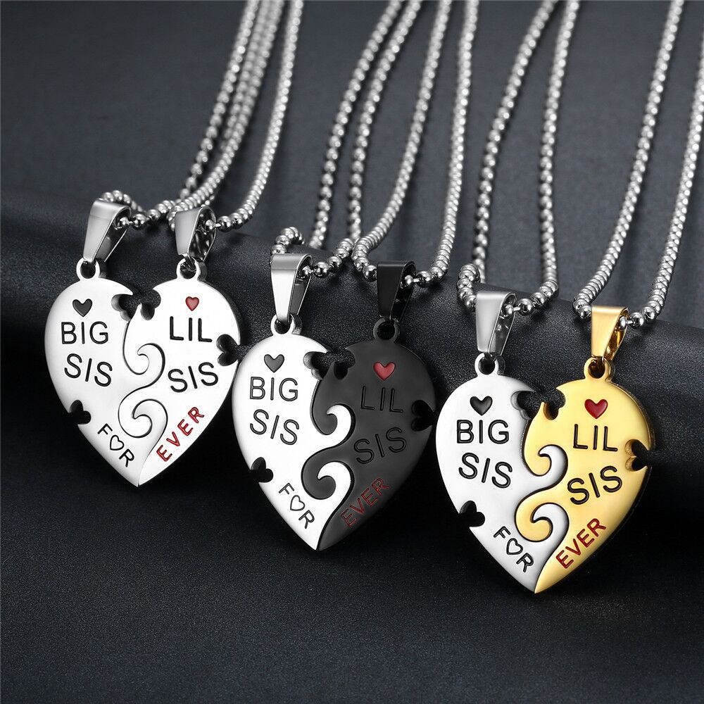 Big Little Sister Family Friendship Peach Heart Puzzle Stainless Steel Necklace | Wholesale Jewelry Only 5