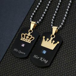 Wholesale Crown Stainless Steel Couple Necklace Her King His Queen Military Pendant  | Wholesale Jewelry Only