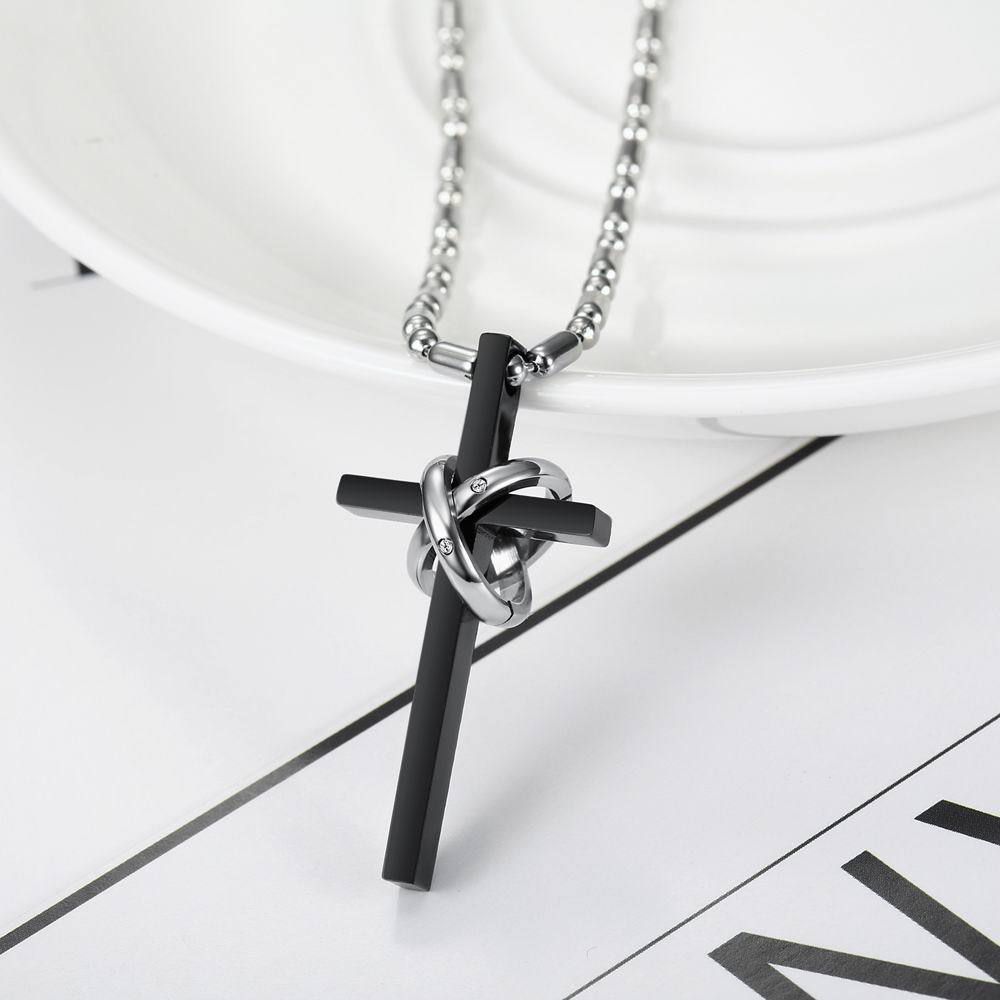 New Korean style titanium steel cross double ring CZ pendant couple necklace | Wholesale Jewelry Only 5