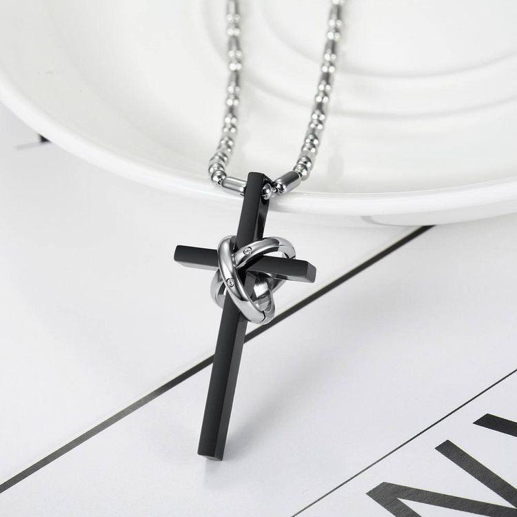 New Korean style titanium steel cross double ring CZ pendant couple necklace | Wholesale Jewelry Only 5