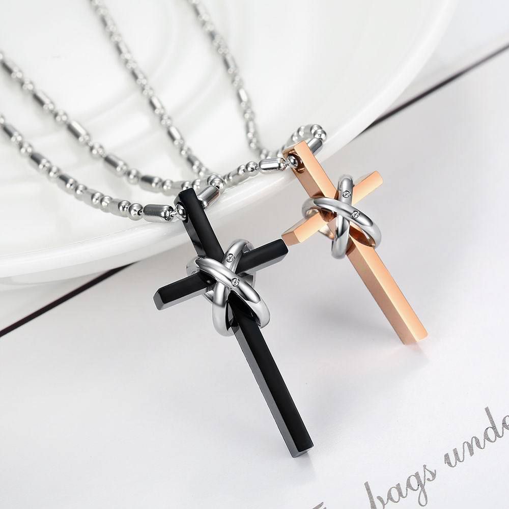 New Korean style titanium steel cross double ring CZ pendant couple necklace | Wholesale Jewelry Only 6