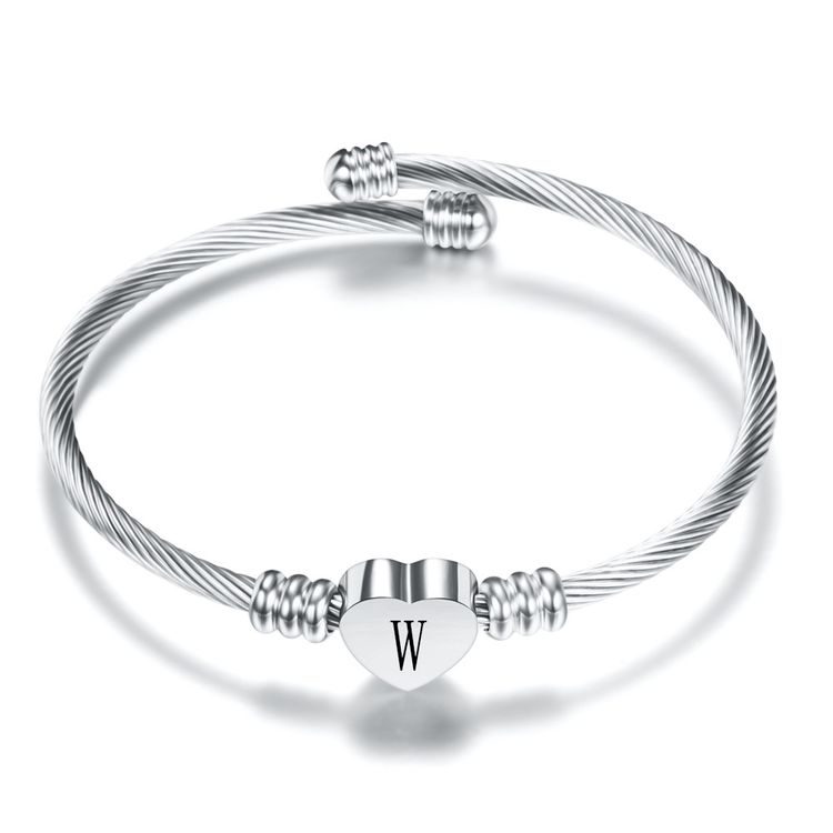 26 Alphabet Heart 316L Stainless Steel Bangle Bracelet | Wholesale Jewelry Only 3