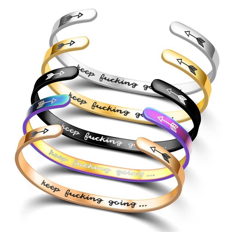 Keep Fucking Going Engraved Stainless Steel C-Shape Adjustable Bracelet | Wholesale Jewelry Only 0